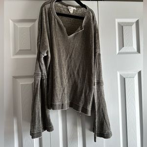 army green waffle knit flare sleeve notch neck casual top